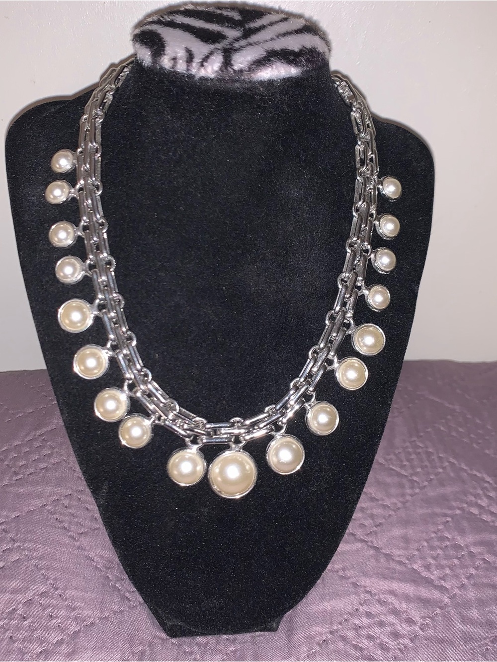 Double-Row Silver Chain Necklace with Pearl Drops - White Pearls